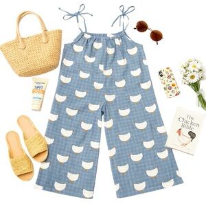 Handmade Chicken Print Cotton Jumpsuit Wide Leg Boho Novelty Womens M EUC Cute